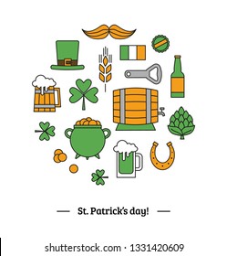 St. Patrick's Day vector icon set of traditional irish holiday elements on green background. Contain such icons as green hat, beer, clover, horseshoe and more