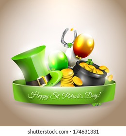 St Patrick's Day - vector icon with hat, gold coins in the pot and balloons in the colors of the Irish flag