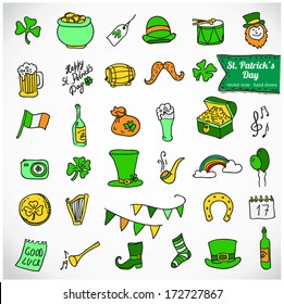 St. Patrick's Day Vector Icons, hand drawn design element: beer, hat, ale, calendar, cauldron, clover, leprechaun, camera, mustache, bottle, horseshoe, money, boot, drum