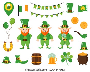 St. Patrick's day vector icons set isolated on white background. Flat cartoon style design element for party, sales, photo booth props.