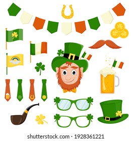 St. Patrick's Day vector icons set isolated on a white background. Flat style, cartoon style elements: leprechaun, beer, horseshoe, coins, flags, glasses, clover, hat, pipe.