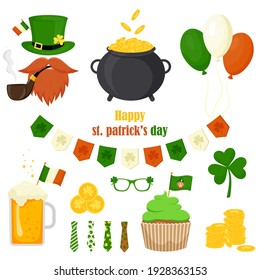 St. Patrick's Day vector icons set isolated on a white background. Flat style, cartoon style elements: pot of gold, balls, pipe, cake, coins, beer, flag, tie, shamrock