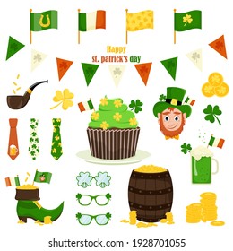 St. Patrick's Day vector icons set isolated on a white background. Flat style, cartoon style elements: shamrock, leprechaun, barrel of gold, beer, shoe, glasses, pipe, flags, cake.