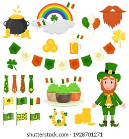 St. Patrick's Day vector icons set isolated on a white background. Flat style, cartoon style elements: shamrock, leprechaun, cake set, gold, flag, horseshoe, beard, mustache, rainbow.