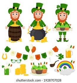 St. Patrick's Day vector icons set isolated on a white background. Flat style, cartoon style elements: shamrock, leprechaun with gold, with cakes, rainbow, beer, pipe, coins, horseshoe.