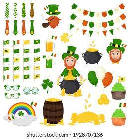 St. Patrick's Day vector icons set isolated on a white background. Flat style, cartoon style elements: shamrock, leprechaun with gold, rainbow, flags, ties, balloons, pipe, beer.
