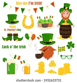 St. Patrick's Day vector icons set isolated on a white background. Flat style, cartoon style elements: leprechaun, gold, shamrock, cupcakes, shoes, horseshoe, beer, ale, coins, flag