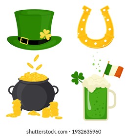 St. Patrick's Day vector icons set isolated on a white background. Flat style, cartoon style elements: horseshoe, green ale, pot of gold, leprechaun hat.