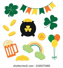 St. Patrick's Day Vektorsymbole einzeln auf weißem Hintergrund. Flaches Cartoon-Design-Element für Feier, Verkauf, Logo, Druck: Topf, Münzen, Regenbogen, Bier, Klee, Flaggen, Ballons. Vektorgrafik