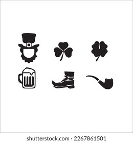 St. Patrick's day vector icons set isolated on white background. Flat cartoon style design element for party, sales, photo booth props: pot, coins, rainbow, horseshoe, beer, clover, pipe, tie, hat.