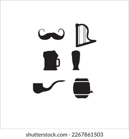 St. Patrick's day vector icons set isolated on white background. Flat cartoon style design element for party, sales, photo booth props: pot, coins, rainbow, horseshoe, beer, clover, pipe, tie, hat.