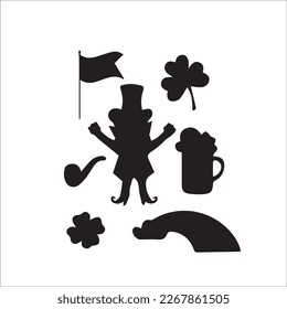 St. Patrick's day vector icons set isolated on white background. Flat cartoon style design element for party, sales, photo booth props: pot, coins, rainbow, horseshoe, beer, clover, pipe, tie, hat.