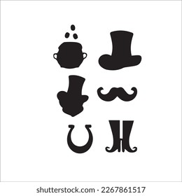 St. Patrick's day vector icons set isolated on white background. Flat cartoon style design element for party, sales, photo booth props: pot, coins, rainbow, horseshoe, beer, clover, pipe, tie, hat.