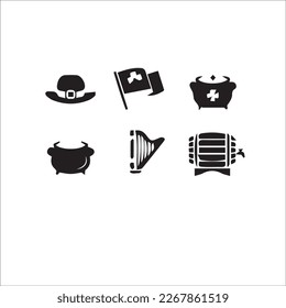 St. Patrick's day vector icons set isolated on white background. Flat cartoon style design element for party, sales, photo booth props: pot, coins, rainbow, horseshoe, beer, clover, pipe, tie, hat.