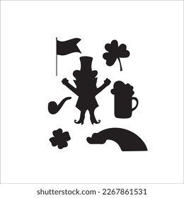 St. Patrick's day vector icons set isolated on white background. Flat cartoon style design element for party, sales, photo booth props: pot, coins, rainbow, horseshoe, beer, clover, pipe, tie, hat.