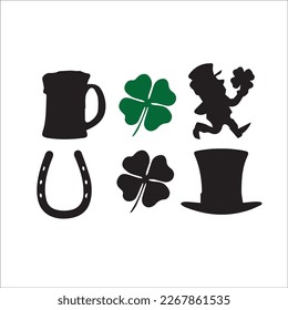St. Patrick's day vector icons set isolated on white background. Flat cartoon style design element for party, sales, photo booth props: pot, coins, rainbow, horseshoe, beer, clover, pipe, tie, hat.