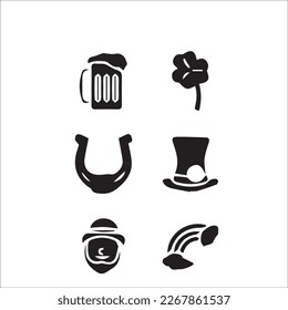 St. Patrick's day vector icons set isolated on white background. Flat cartoon style design element for party, sales, photo booth props: pot, coins, rainbow, horseshoe, beer, clover, pipe, tie, hat.