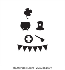 St. Patrick's day vector icons set isolated on white background. Flat cartoon style design element for party, sales, photo booth props: pot, coins, rainbow, horseshoe, beer, clover, pipe, tie, hat.