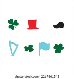 St. Patrick's day vector icons set isolated on white background. Flat cartoon style design element for party, sales, photo booth props: pot, coins, rainbow, horseshoe, beer, clover, pipe, tie, hat.