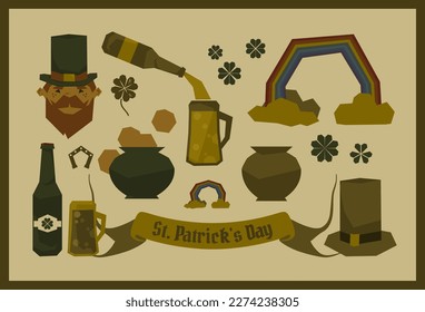 St. Patrick's day vector icons set. Festive Irish culture vintage art elements collection. Cute red hair Leprechaun in top hat. Many bottles, large light beer mugs. Lot of small green clover leaves