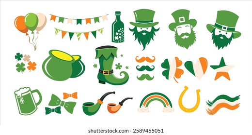 St Patricks Day Vector Icons and Elements Set Leprechaun, Shamrock, Beer, Hat, Irish Decorations.