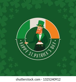 St. Patrick's Day vector illustration. Emblem, national flag of Ireland, character in national costume, 17 March.