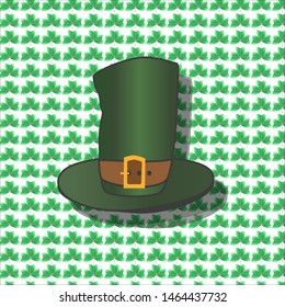 St. Patrick's Day, vector illustration, on a background of small leaves trefoil and green hat. A shadow falls from the hat. Can be used as a postcard, background for lettering, clothes, poster for bag