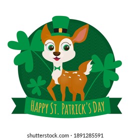 St. Patrick's Day vector illustration. Deer wearing Leprechaun Hat. Cartoon Deer with clover on green background. Postcard, poster, print design.