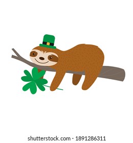 St. Patrick's Day vector illustration. Sloth wearing Leprechaun Hat. Cartoon Sloth with clover. Postcard, poster, banner, print design.