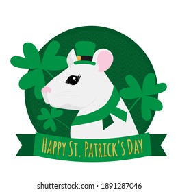 St. Patrick's Day vector illustration. Rat wearing Leprechaun Hat. Cartoon White Rat with clover. Postcard, poster, banner, print design.