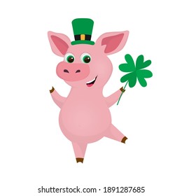 St. Patrick's Day vector illustration. Pig wearing Leprechaun Hat. Cartoon Pig with clover. Good luck pig. Postcard, poster, banner, print design.