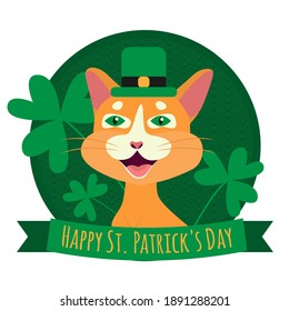 St. Patrick's Day vector illustration. Cat wearing Leprechaun Hat. Cartoon Cat with clover. Postcard, poster, banner, print design.