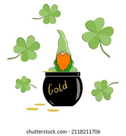 St. Patrick's Day vector illustration.  leprechaun sits on a pot of gold and shamrock  around in flat technique 