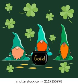 St. Patrick's Day vector illustration.  leprechauns sits on a pot of gold and shamrock  around in flat technique 