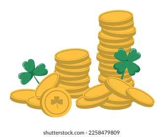 St. Patrick's Day vector illustration. Golden coins and clover leaves. Decorative elements for Saint Patrick's day. Isolated on white background.
