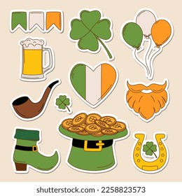 St. Patrick's day vector illustration sticker set. Leprechaun hat with coins, boot, irish flag, beer and lucky clover