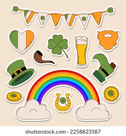 St. Patrick's day vector illustration sticker set. Lucky clover, golden coins, beer and irish flags