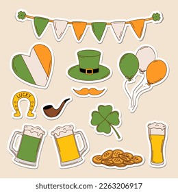 St. Patrick's day vector illustration sticker set. Leprechaun, pot of gold, beer and lucky clover