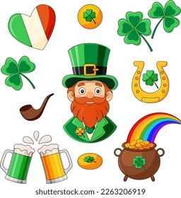 St. Patrick's day vector illustration set. Leprechaun, pot of gold, beer and lucky clover