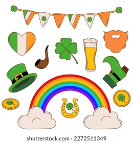 St. Patrick's day vector illustration sticker set. Leprechaun hat, gold, rainbow, beer, flags and lucky clover