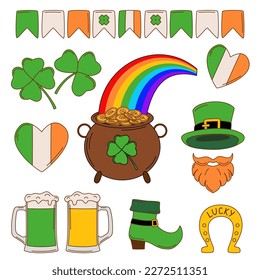 St. Patrick's day vector illustration set. Leprechaun hat, flags pot of gold, beer and lucky clover