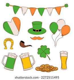 St. Patrick's day vector illustration sticker set. Leprechaun hat, gold, beer, flags and lucky clover