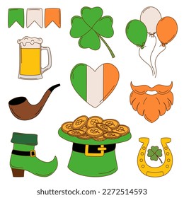 St. Patrick's day vector illustration sticker set. Leprechaun hat, gold, beer, flags and lucky clover
