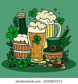 St. Patrick's Day vector illustration with beer, clover leaves, hat, pot of gold and coins.