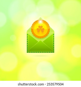 St. Patrick's Day vector illustration of an envelope and a golden coin on green bokeh background, perfect for greeting cards, flyers, holiday invitations and banners. Irish clover leaf symbol