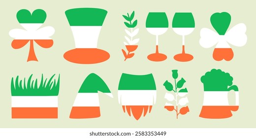 St. Patrick's Day vector illustration with  Irish symbols in flag colors, , shamrocks, leprechaun hat, festive beer mug, flowers. 