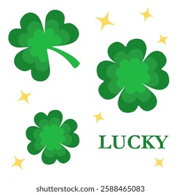 St. Patrick's Day vector illustration of three-leaf and four-leaf clovers. Clean lines, flat design, isolated on a white background. Perfect for cards, banners, prints, web design, and festive decor