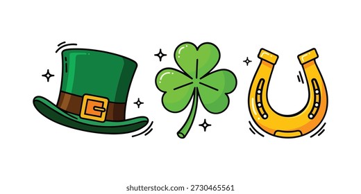Conjunto de Ilustración vectorial del día de San Patricio con sombrero de duende verde trébol de trébol de la suerte y símbolos de herradura dorada sobre fondo blanco