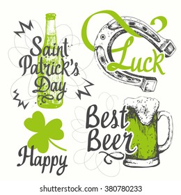 St. Patrick's Day. Vector illustration with glass of beer, bottle, cylinder, pipe, leaf of clover and congratulations. Drink menu for celebration. 