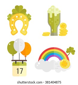 St. Patrick's Day vector illustration. Set of icons for St.Patrick's day. Irish symbols in flat style. Set of cartoon Irish elements: green beer, shamrock, horseshoe, rainbow, golden coins, balloons